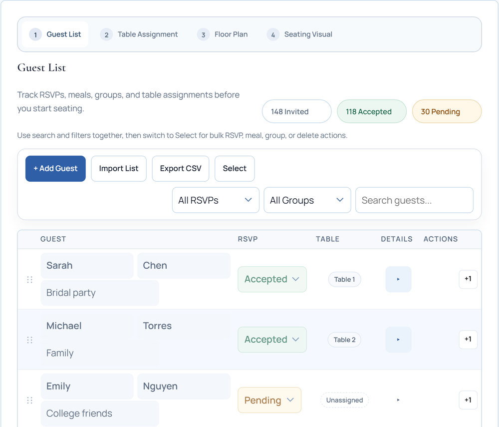 Couple Portal guest list showing RSVP counts, statuses, and table assignments
