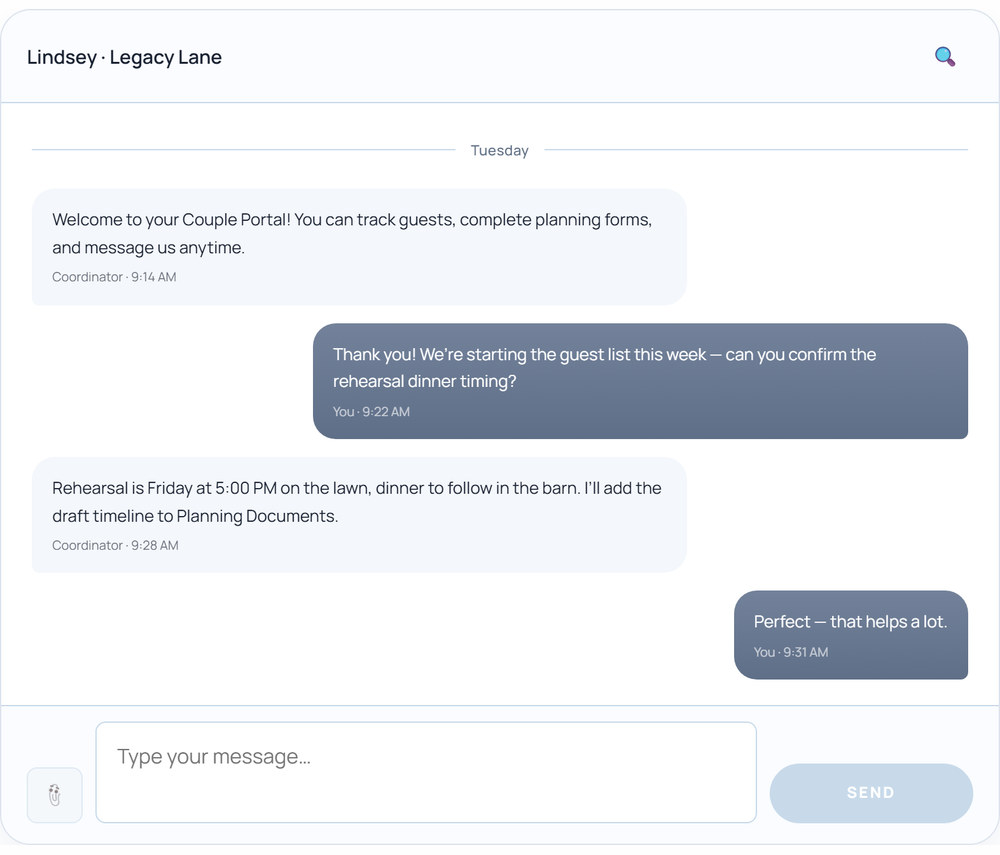 Couple Portal message thread between a couple and their Legacy Lane coordinator