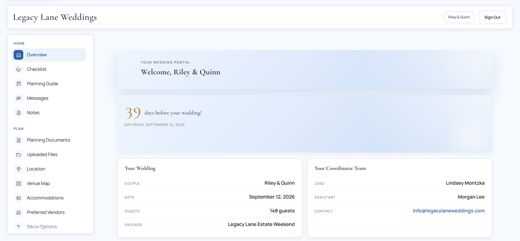 The Couple Portal overview screen showing a wedding countdown, wedding details, and the assigned Legacy Lane coordinator team